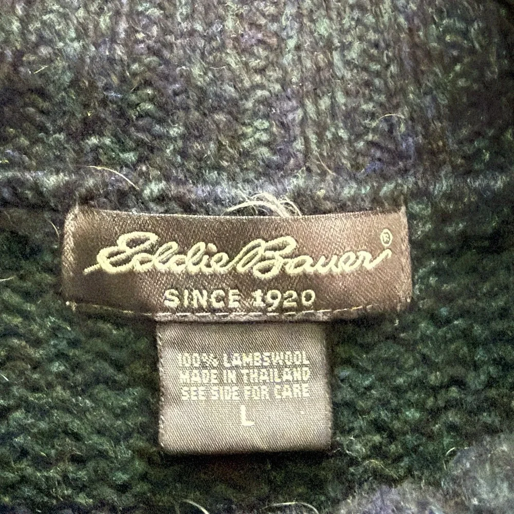 Vtg Eddie Bauer Sweater‎ Mens L Green Striped 100% Lambswool Knit Turtleneck